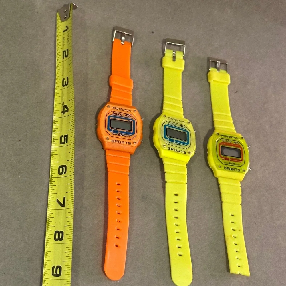 Vintage Disco Sports Digital Watch‎ Lot 3pc Neon Orange Yellow Retro 80s Style